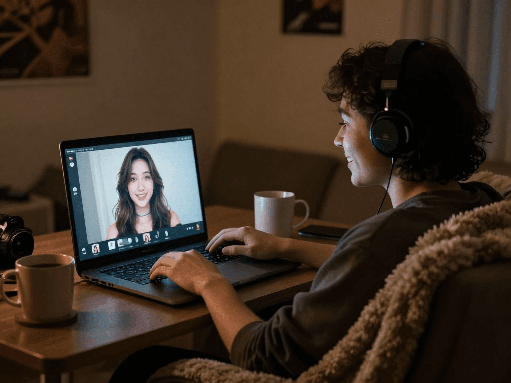 Engaging in ai porn chat with a cozy laptop setup and soft ambient lighting.