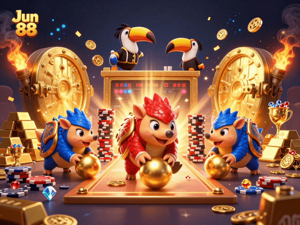Jun 88 pangolins rolling through poker chips in a vibrant casino scene