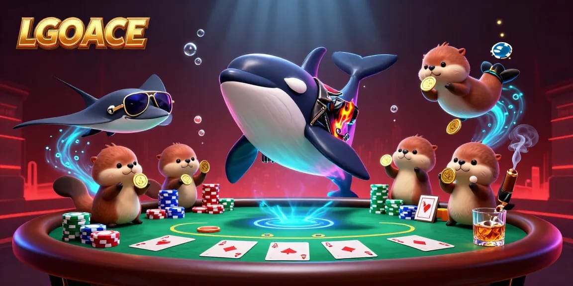 LGOACE showcases a vibrant underwater casino scene with an orca, stingray, and otters enjoying poker, surrounded by dynamic gaming elements.