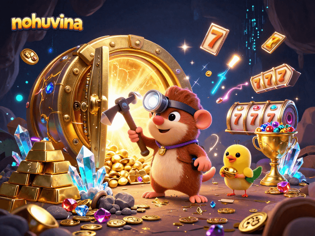 Win big with nohuvina as the treasure hunter mole mines golden riches in a vibrant casino scene.
