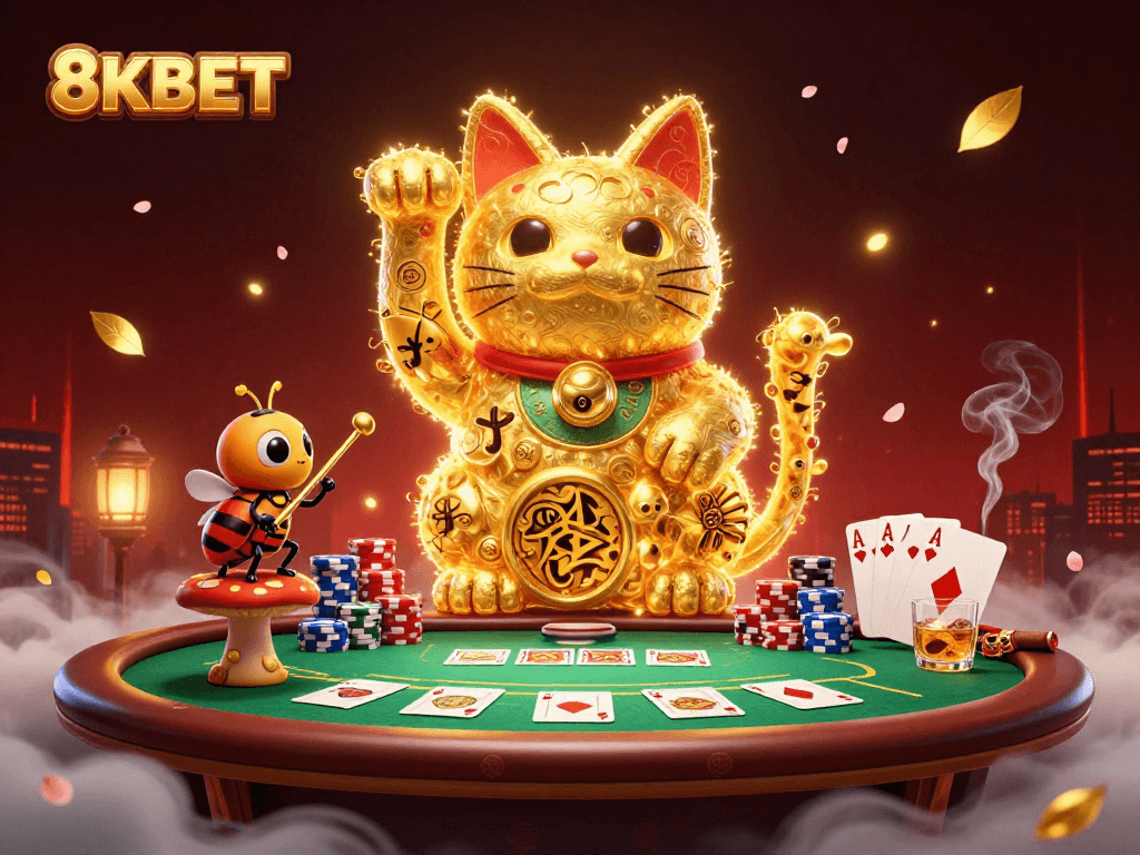Feel the thrill of 8KBET with a stunning golden lucky cat made of fireflies amidst a lively casino scene.