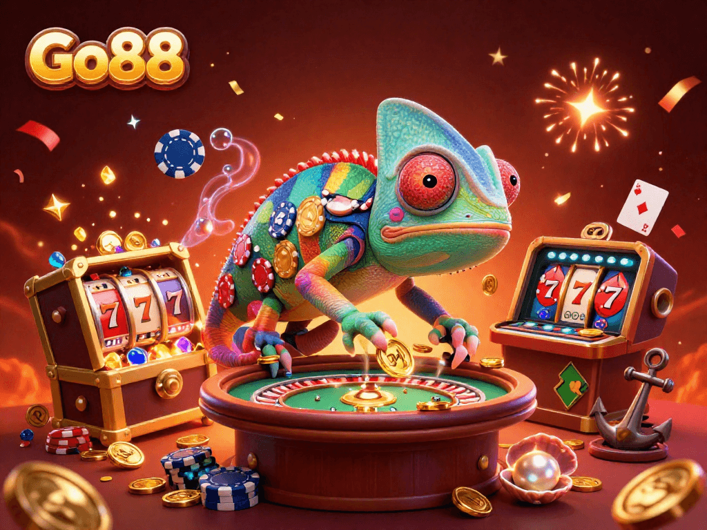 Experience thrilling gaming action with Go88, featuring our vibrant chameleon casino owner in a dynamic casino scene.