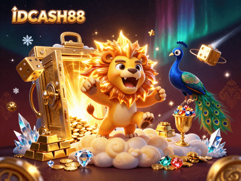 Spin to win with IDCASH88 in a dazzling 3D casino scene filled with treasure and excitement.
