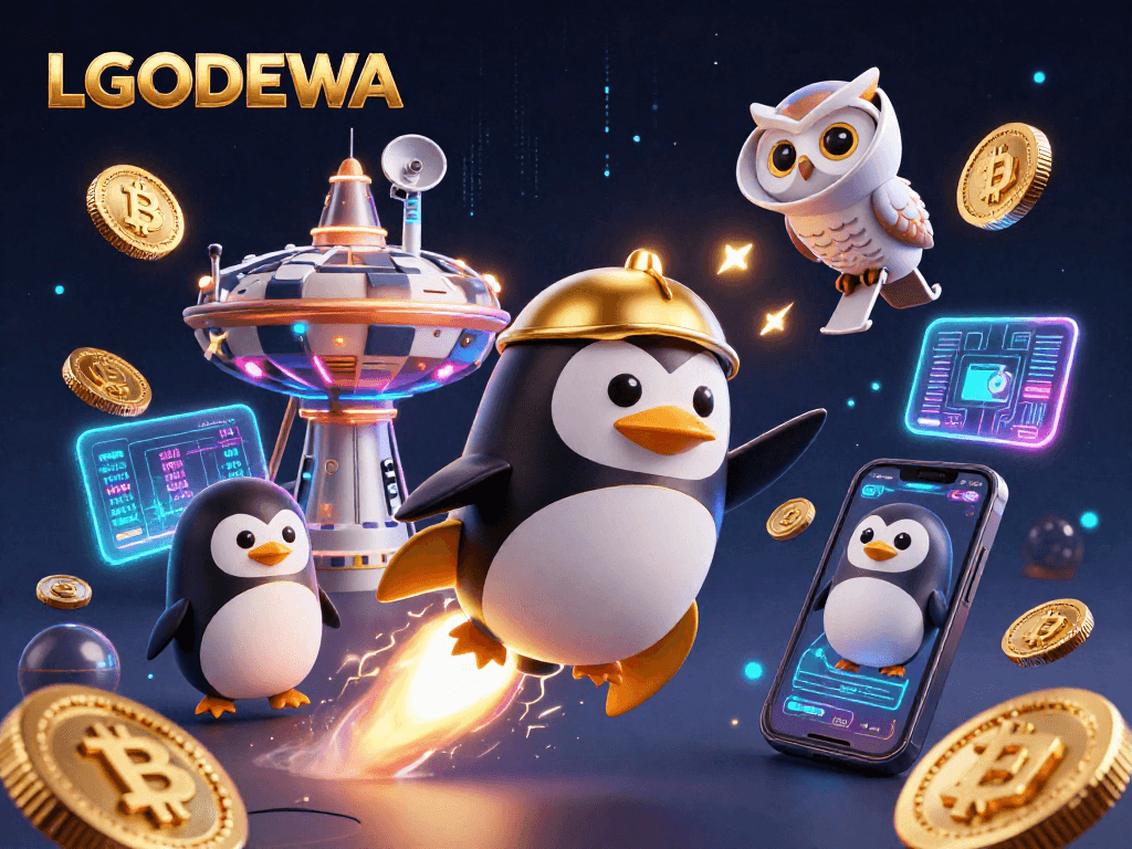 Experience LGODEWA's cosmic casino adventure with a golden penguin and crypto elements.