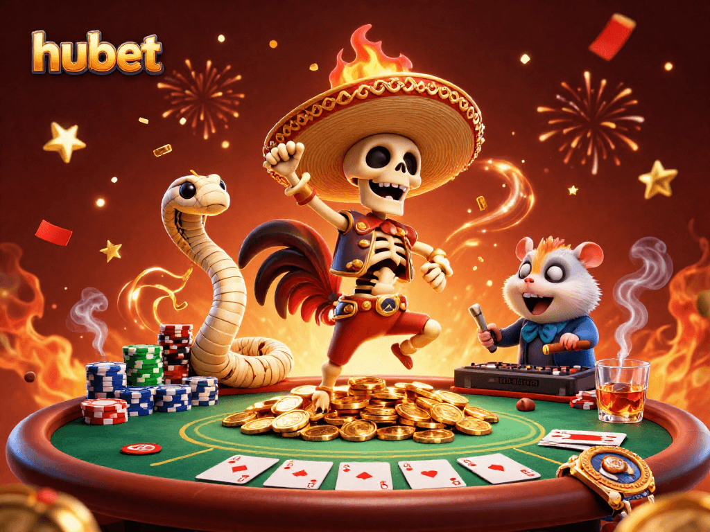 Experience the thrill of hubet casino with a vibrant, festive 3D scene featuring animated characters celebrating with poker elements.