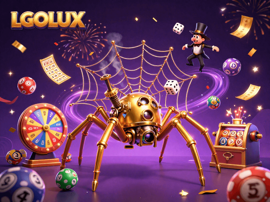 Join the excitement at LGOLUX, where colorful lottery balls bounce around a magical steampunk spider web.