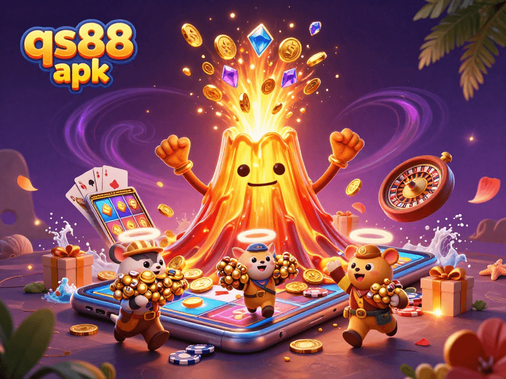 Engage in thrilling gameplay with qs88 apk as coins and treasure erupt from a golden volcano.