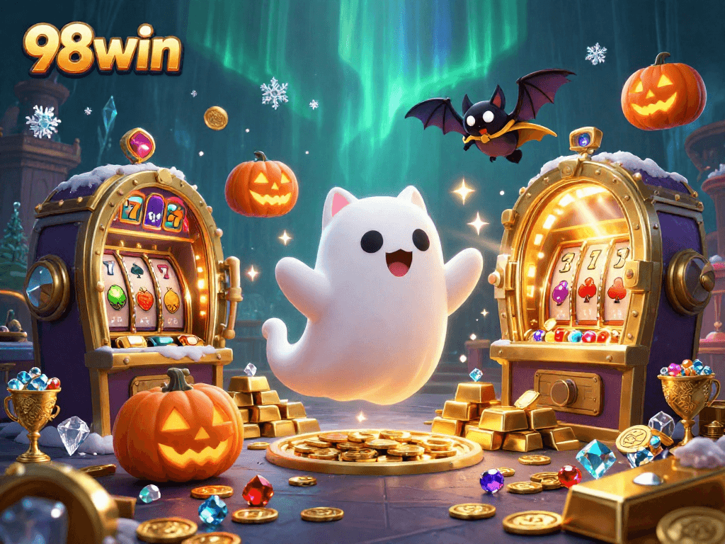 Win exciting rewards at 98win with a playful ghost cat and vampire bat in a vibrant casino scene