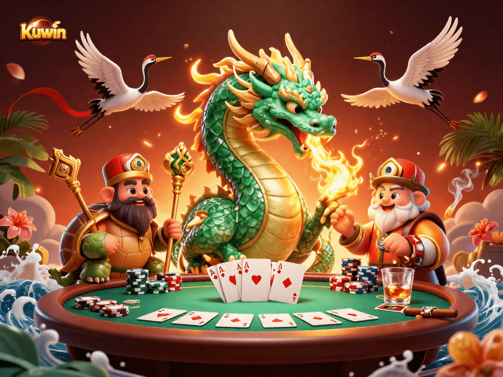 Kuwin showcases a dramatic 3D dragon and turtle at a vibrant poker table, embodying casino excitement.