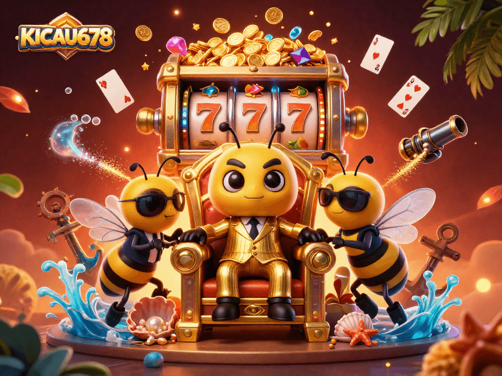 KICAU678 offers exciting slots action with a cartoon bumblebee and treasure-filled scene