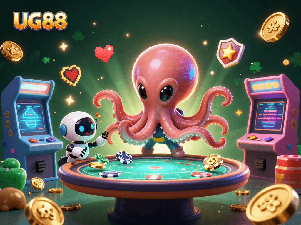 Join the excitement at UG88 with a vibrant 3D illustration of an alien octopus and its robot pals playing poker!