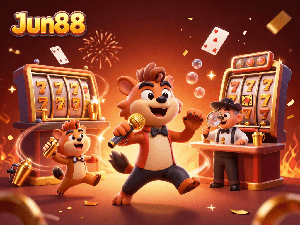 Experience Jun88's vibrant casino life with hyenas in a lively comedy club setting.