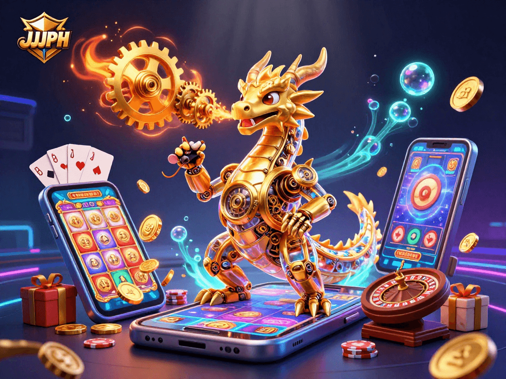 Maglaro ng JJJPH gamit ang 3D dragon at mga slot machine na puno ng ginto.