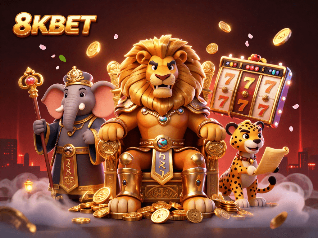 Experience the thrilling world of 8KBET with vibrant 3D casino-themed illustration showcasing engaging slot games.