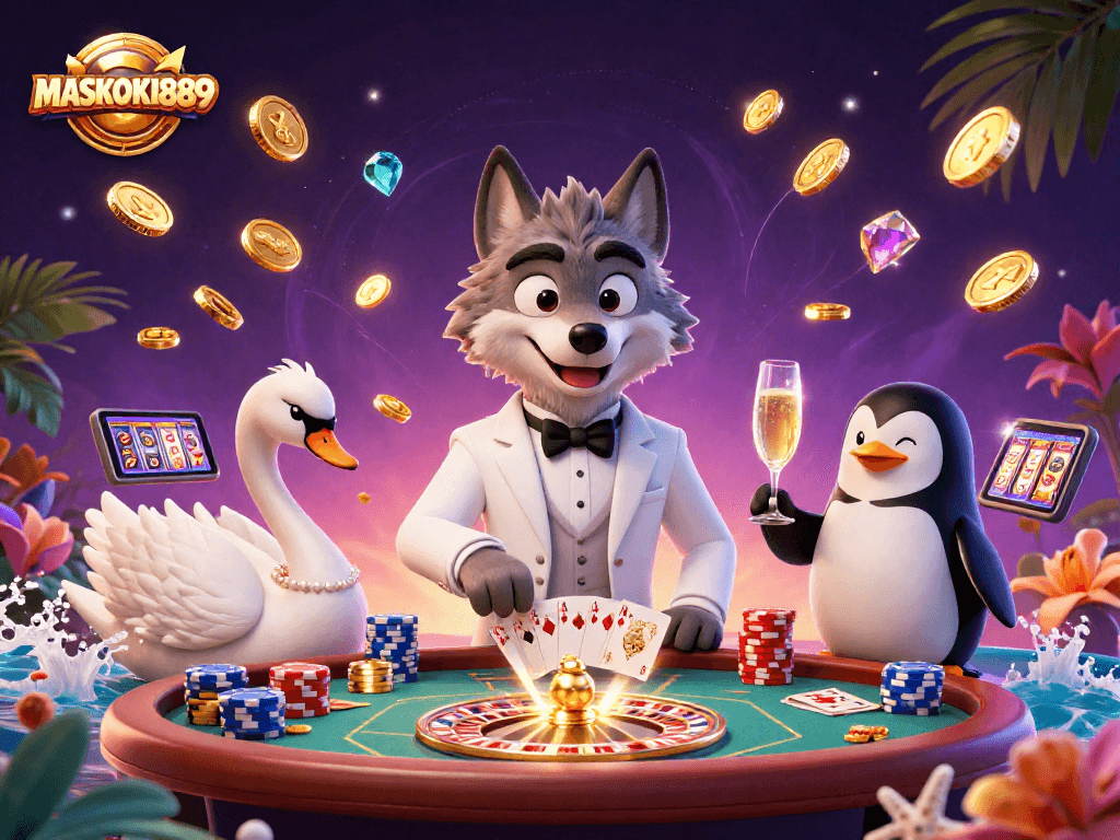 Experience luxury gaming with MASKOKI889 as a debonair wolf and companions present casino excitement.
