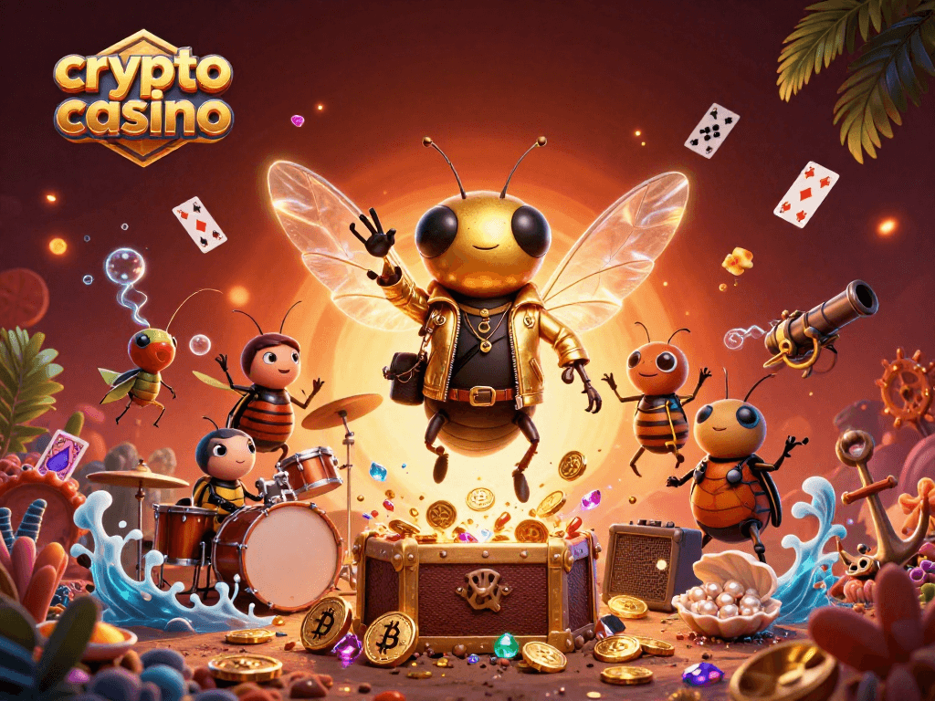 Experience the thrill of a crypto casino with a vibrant cicada rock star scene filled with riches and energy.