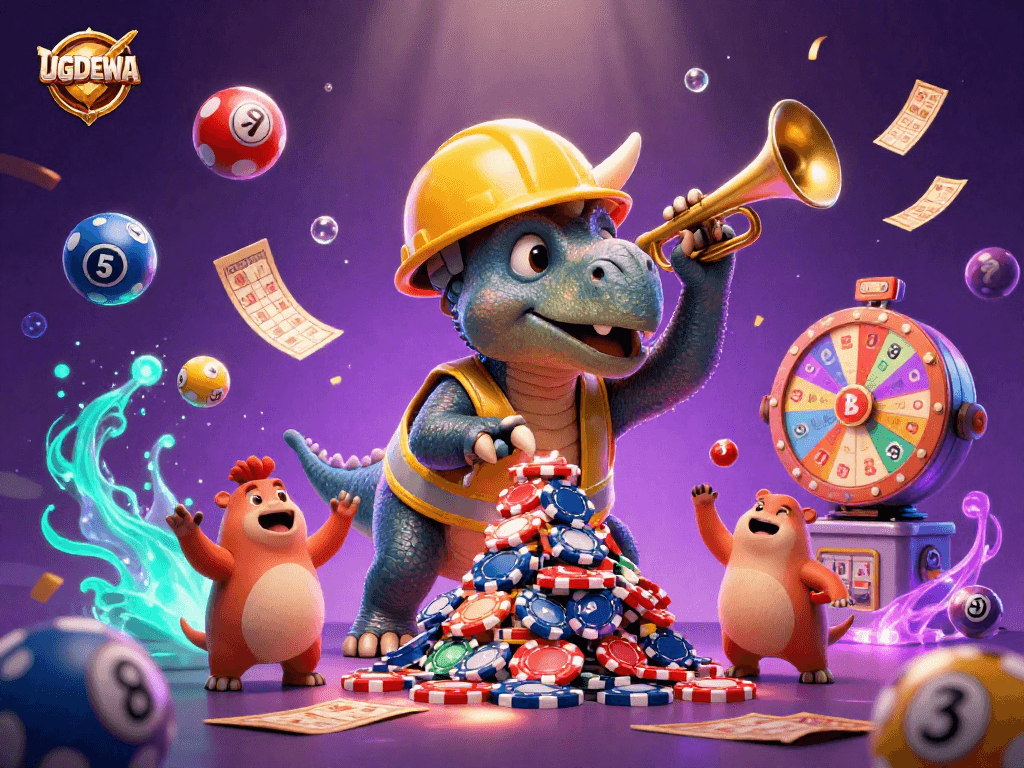 Experience winning excitement with UGDEWA as a triceratops builds poker chips amid colorful lottery elements.