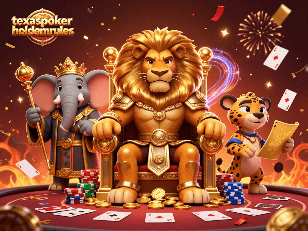 Engage with the strategic gameplay of texaspokerholdemrules featuring a fierce lion king and poker elements.