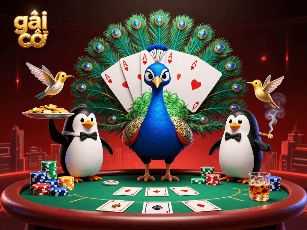 Experience thrilling gaming action at a casino with gái gọi and a vibrant peacock illustration.