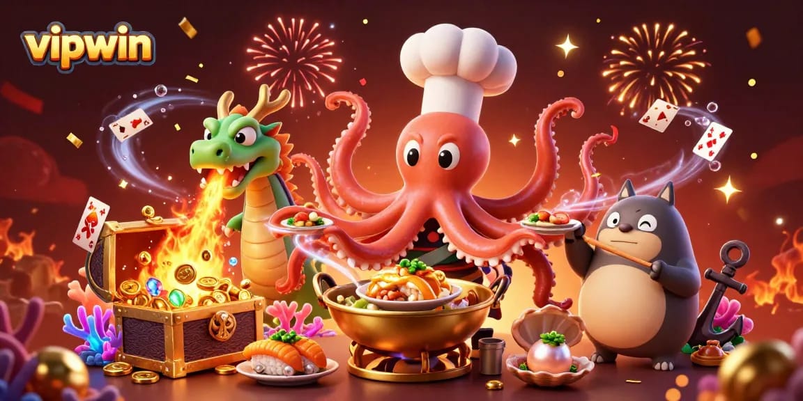 Experience the excitement of vipwin casino with a colorful 3D illustration of gaming characters and vibrant treasures.