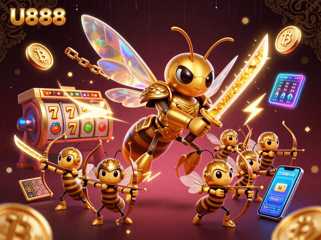Experience thrilling jackpots with U888 in a vibrant casino scene featuring golden hornets and crypto elements.