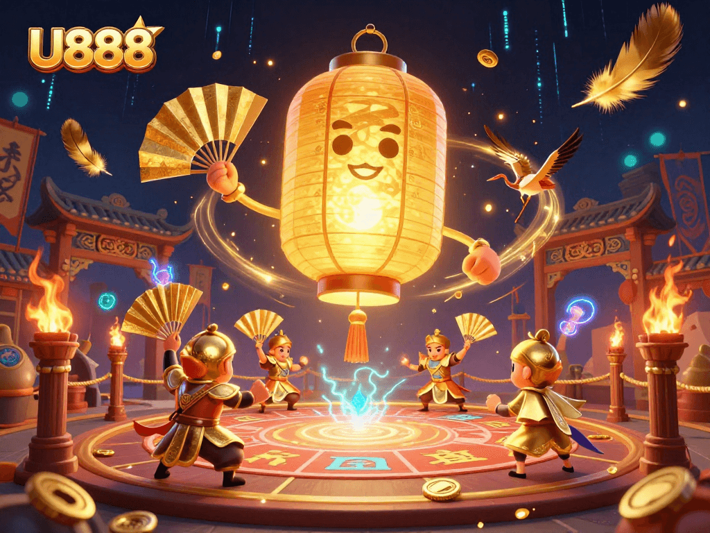 Engage in U888 with golden feathers swirling amidst paper fan warriors and lantern spirit at a vibrant night market.