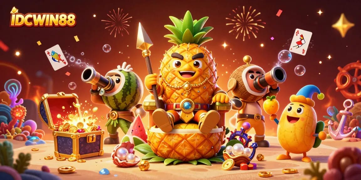 Experience thrilling games at IDCWIN88 with the golden pineapple king in a vibrant casino scene.