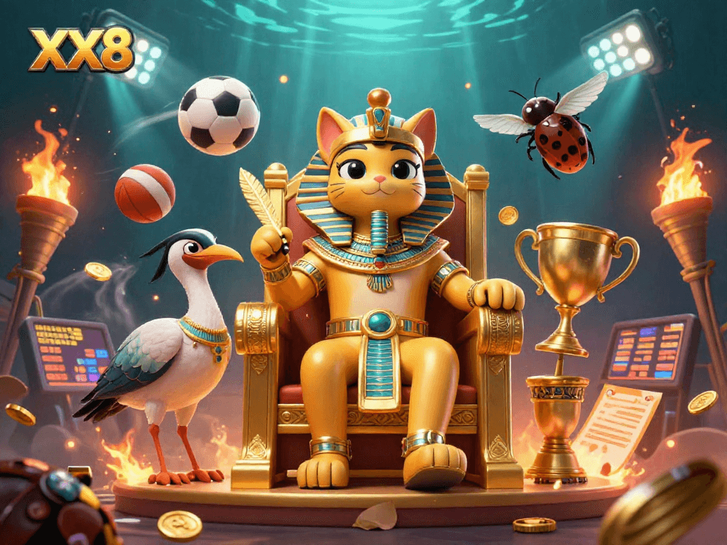 Experience the thrilling world of XX8 betting with animated pharaoh cat and vibrant sports elements.