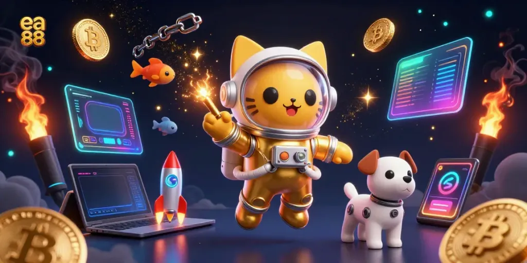 Engage in thrilling gaming action with ea 88 as the astronaut cat and robot dog navigate a dazzling casino universe.