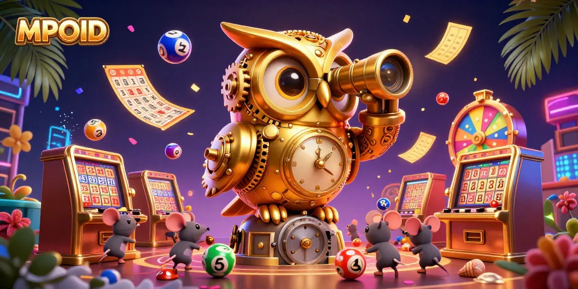 MPOID showcases a vibrant online lottery scene with a golden owl and scurrying mice amidst dynamic game elements.