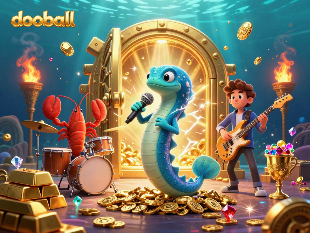 Experience exhilarating dooball action in a vibrant underwater casino scene with electric eel DJ, lobster drummer, and seahorse guitarist.