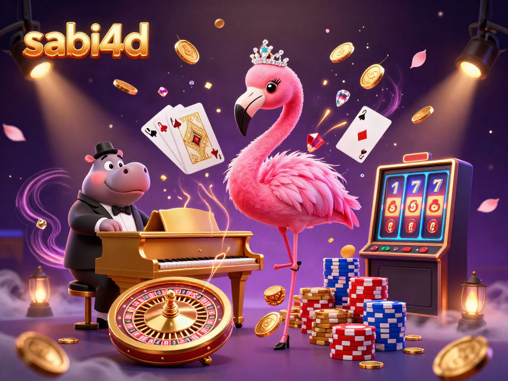 Engaging illustration showcasing sabi4d with a flamingo singer and hippo bassist in a vibrant casino scene.