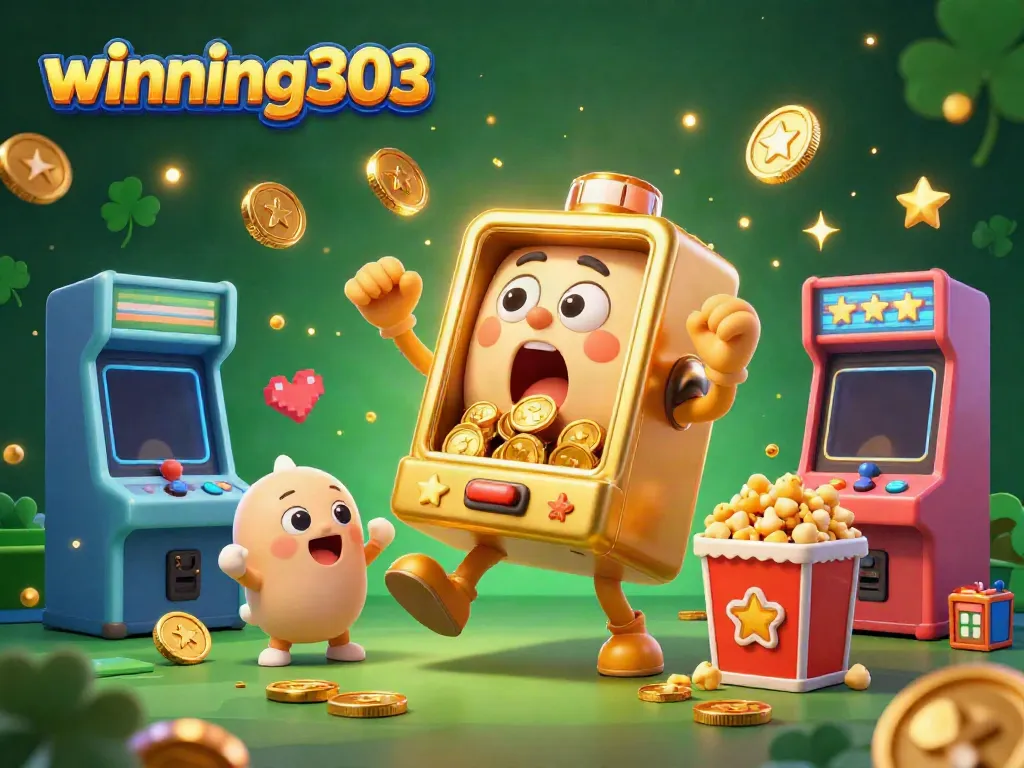 winning303 slots machine hitting a jackpot while coins erupt, with cheering mini machines.