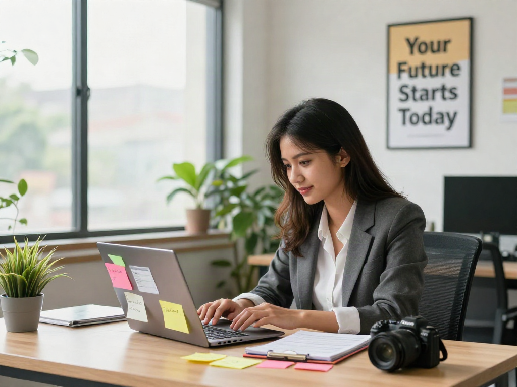 Young professional actively searching for หางาน opportunities at a modern desk.
