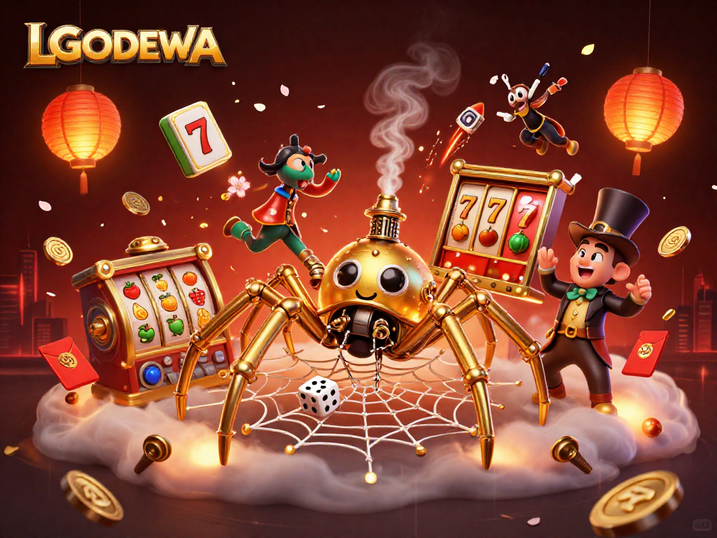 Experience LGODEWA's thrilling slot reels and golden visuals in a vibrant 3D casino scene.