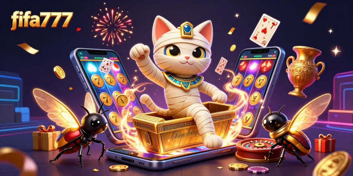 Experience the excitement of fifa777 with a cartoon mummy cat and casino elements bursting with energy.