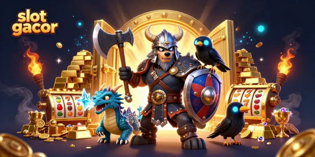 Engage with slot gacor action as Viking wolf warrior, dragon, and raven celebrate winning slots.