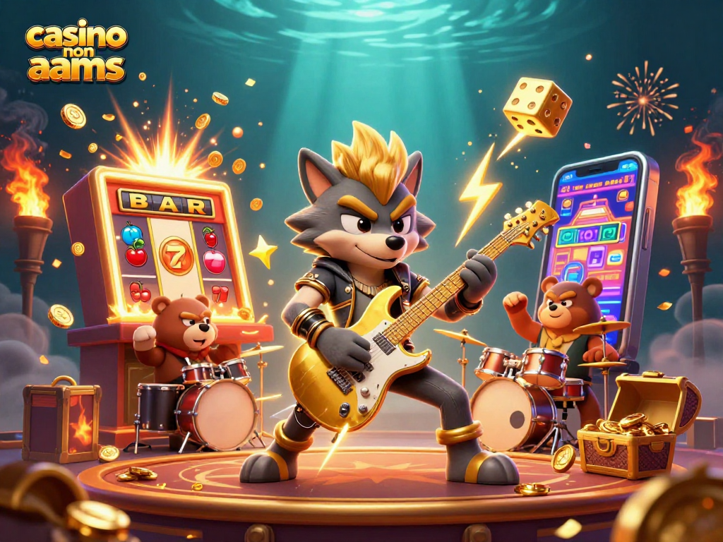 Il rockstar lupo suona la chitarra in un casinò non AAMS, circondato da vincite spettacolari.