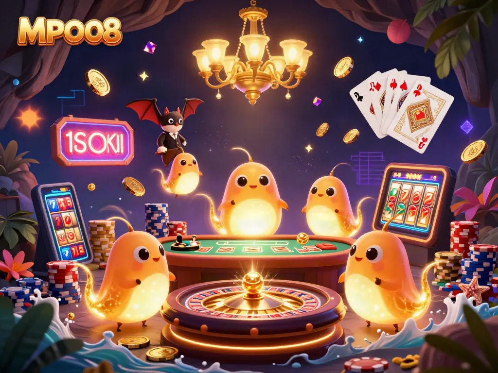 MPO08 illuminates a lively cave casino with vibrant characters and dynamic gaming elements.