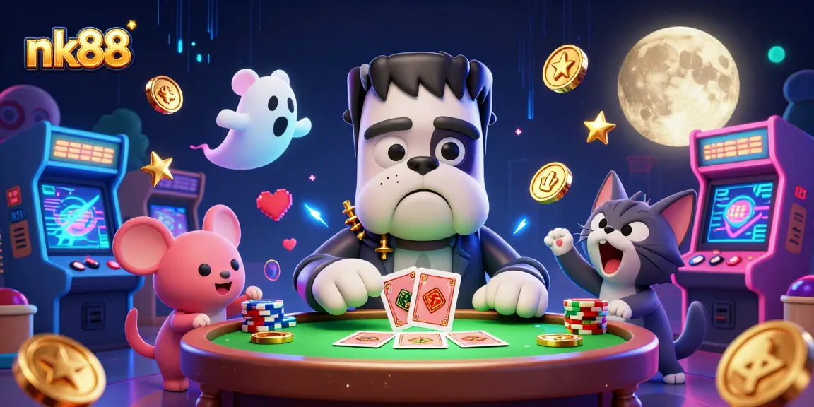 Experience exhilarating casino thrills with nk88 as a 3D bulldog deals cards amid vibrant gaming elements.