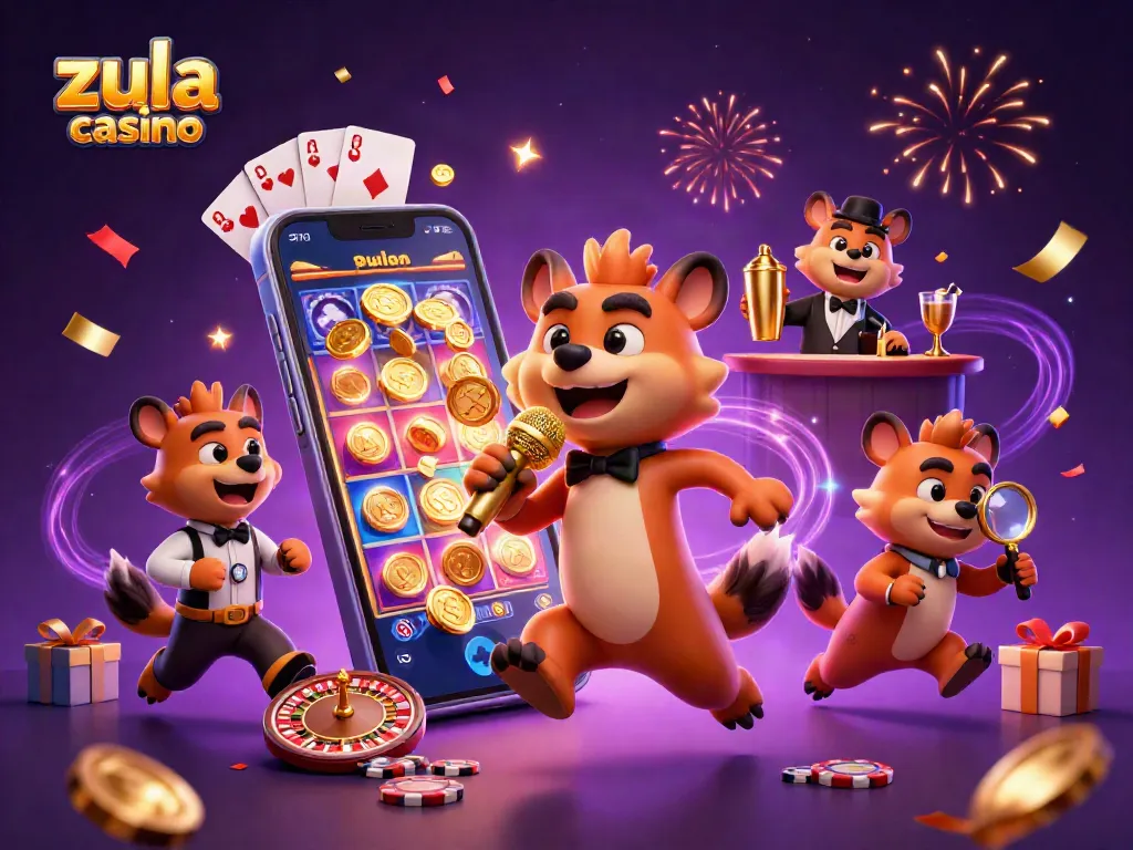 Experience fun at the Zula Sister Casino with energetic hyena characters in a dynamic gaming scene.