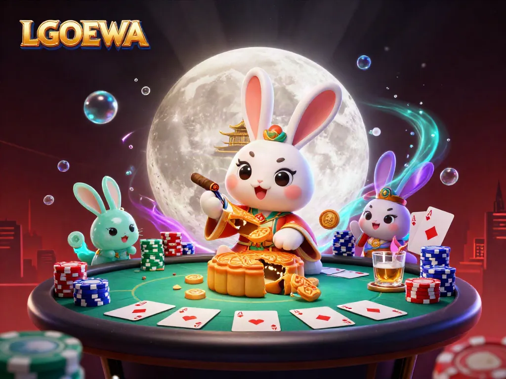 Engage with LGODEWA as a cheerful moon rabbit explores a vibrant casino landscape filled with poker elements.