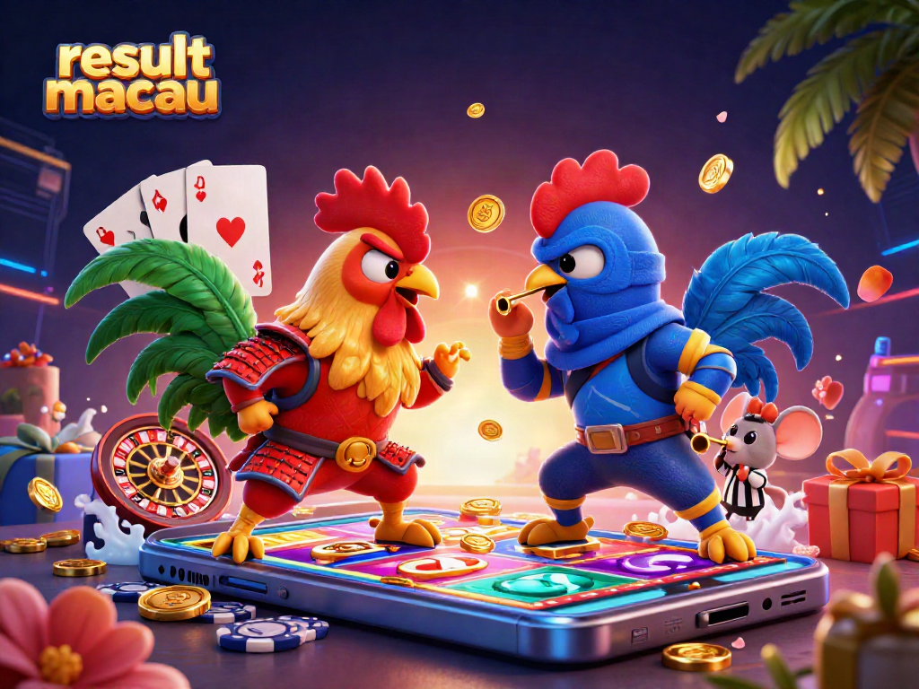 View the thrilling duel of roosters in vibrant action, showcasing game elements for result macau enthusiasts.