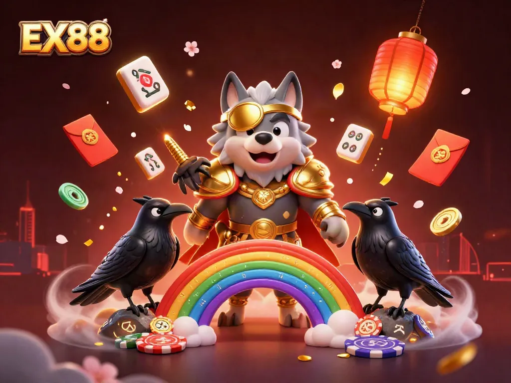 Engage with EX88 in this vibrant casino-themed 3D illustration featuring Norse mythology characters.