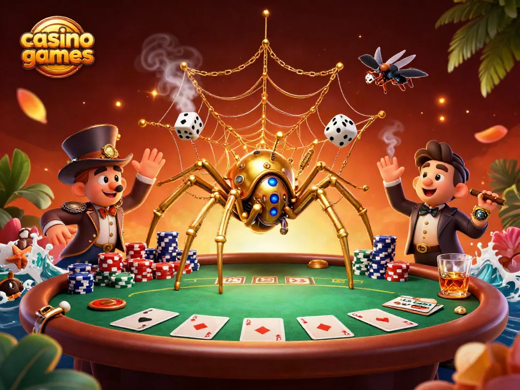 Experience thrilling casino games as a steampunk spider catches dice in a vibrant game scene.