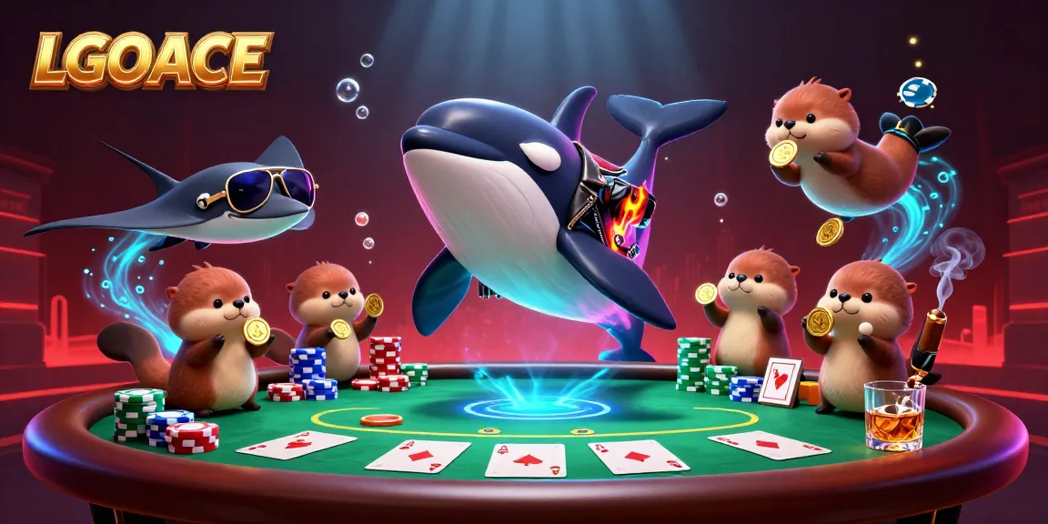 LGOACE showcases a vibrant underwater casino scene with an orca, stingray, and otters enjoying poker, surrounded by dynamic gaming elements.
