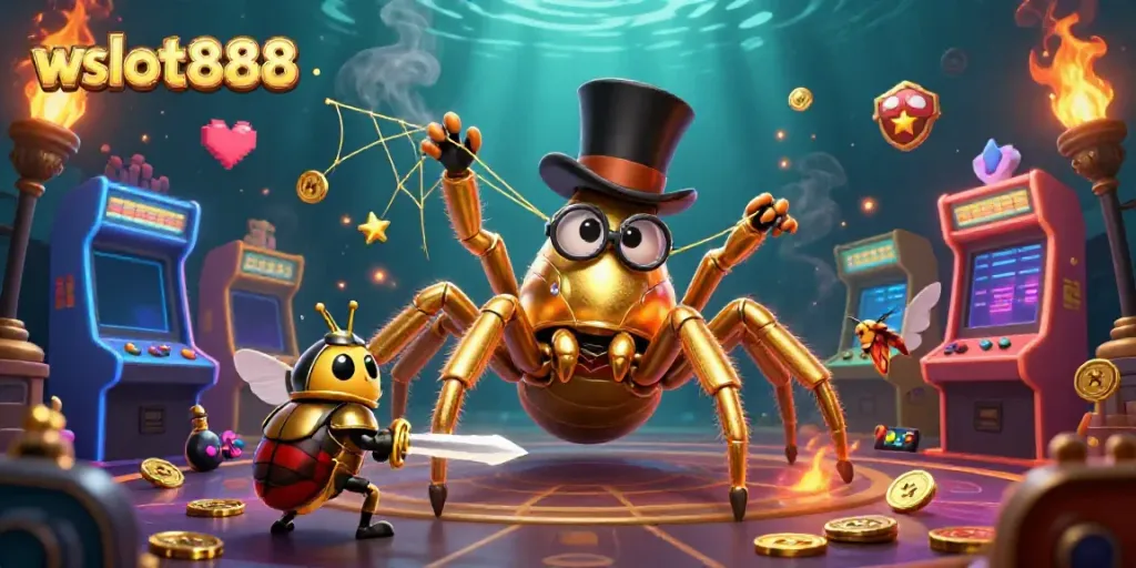 Menangkan jackpot di wslot888 dengan simbol slot dan karakter menarik dalam ilustrasi 3D yang penuh warna.