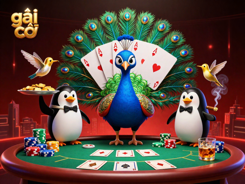 Experience thrilling gaming action at a casino with gái gọi and a vibrant peacock illustration.
