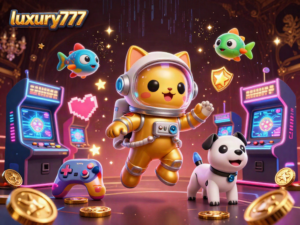 Menangkan permainan dengan luxury777, ilustrasi kasino 3D yang dinamis dan penuh warna.