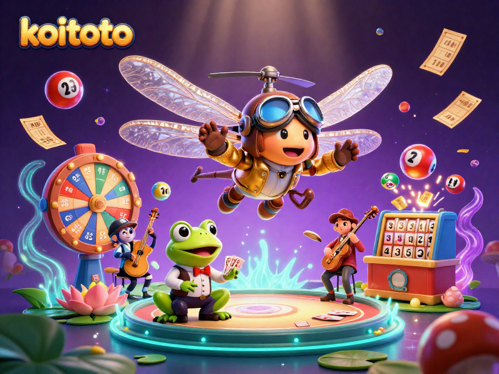 Koitoto menampilkan pesta slot gacor dengan karakter menarik dan elemen permainan yang seru dalam ilustrasi 3D